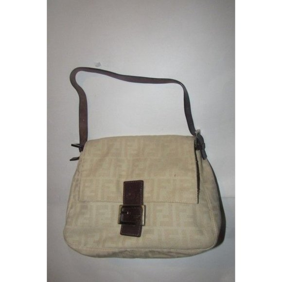Fendi Mamma Zucca Style Shoulder Purse F Logo Print In Shades Of Tan Canvas - Picture 8 of 11